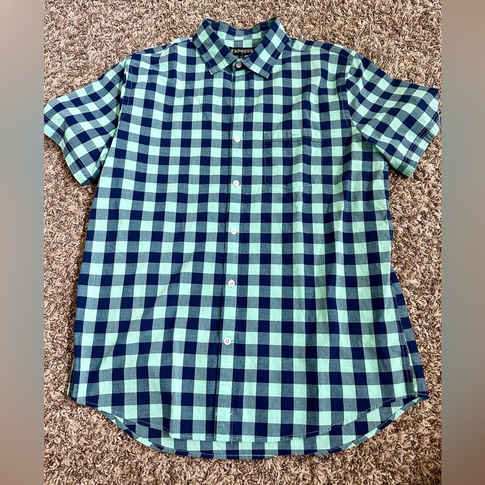 Express men’s green and blue checkered button down shirt
